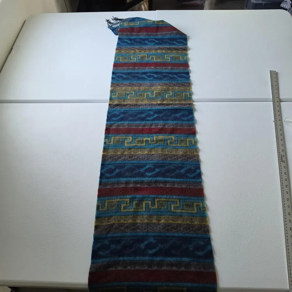 Geometric Merino Wool Scarf Mens One Size Multicolor Fringe Made In Germany